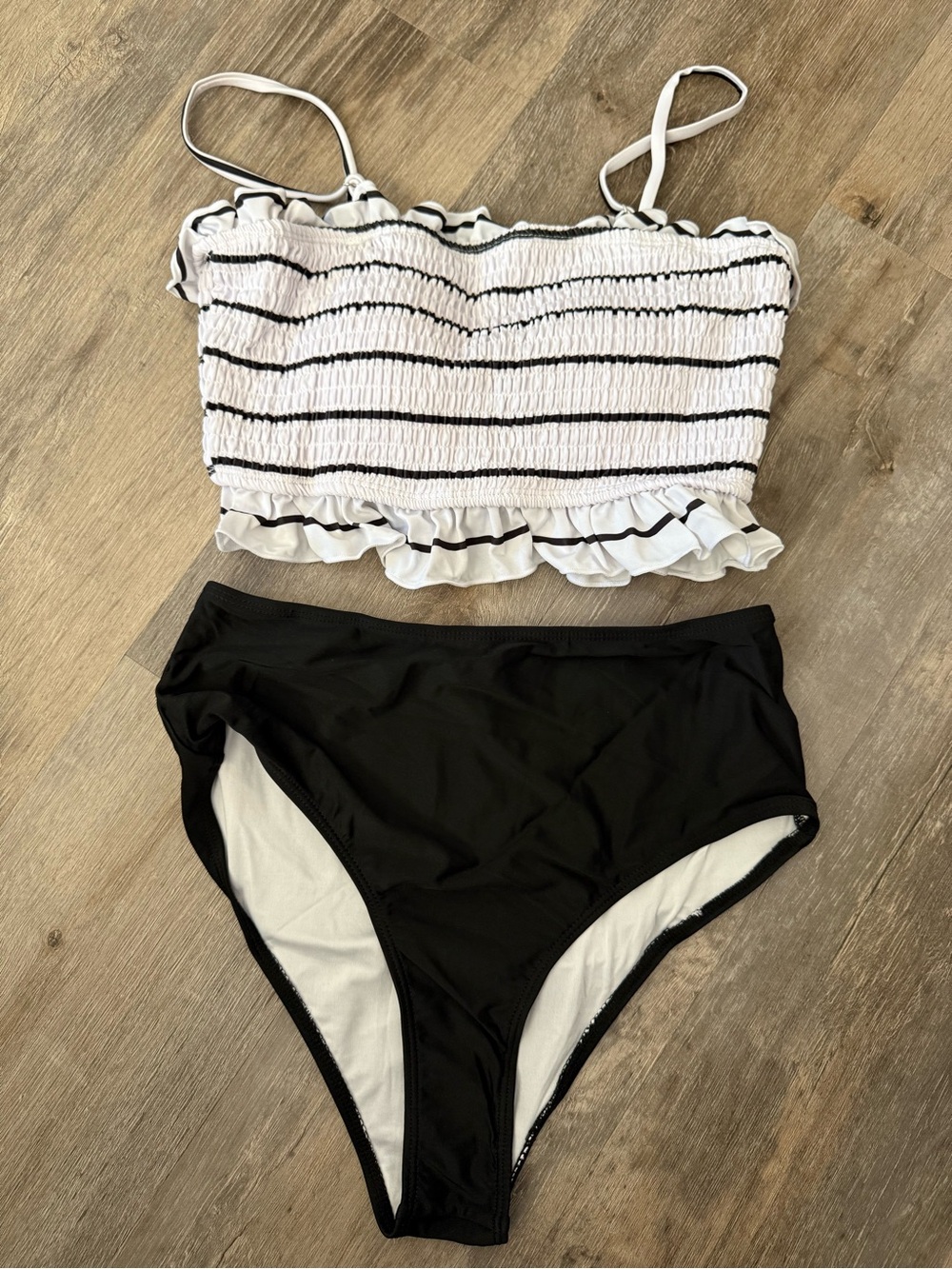 Smocked Ruffle Crop Bikini Top and High Waist Bottom - White & Black